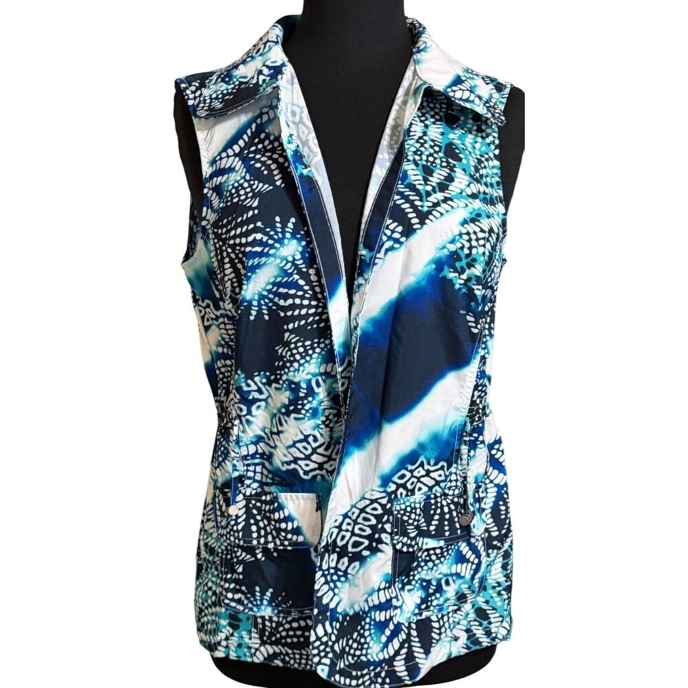 Weekends By Chico's Sleeveless Blue & White Tropical Theme Top Women's Size 1